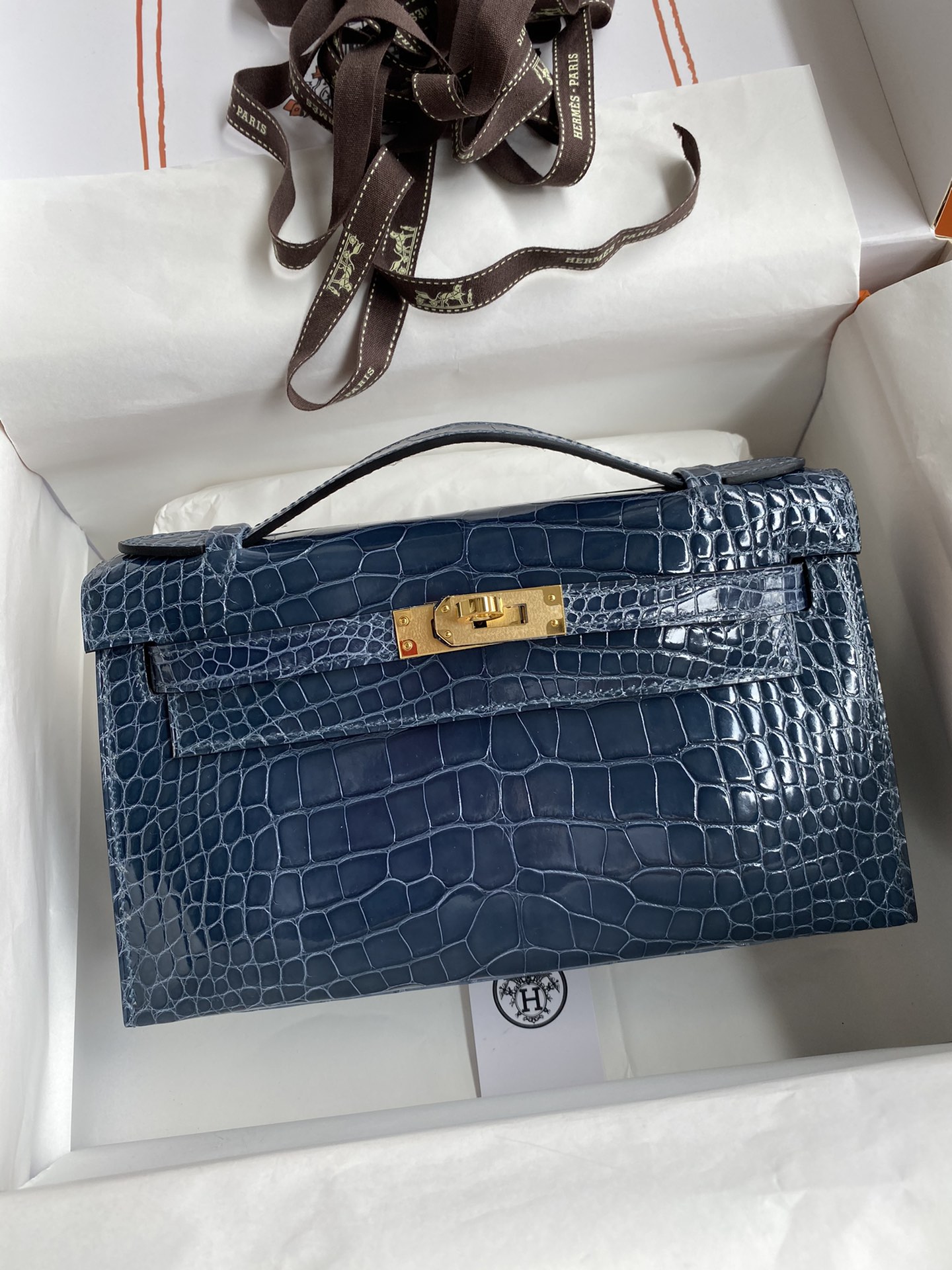 Hermes Mini Kelly Pochette 22cm Bag In Blue Royal Shiny Alligator Leather